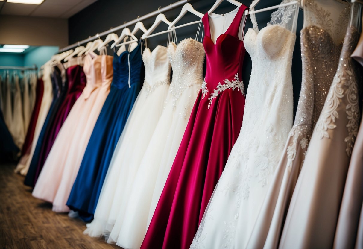 A row of wedding gowns, each a different style and color, displayed in a bridal boutique