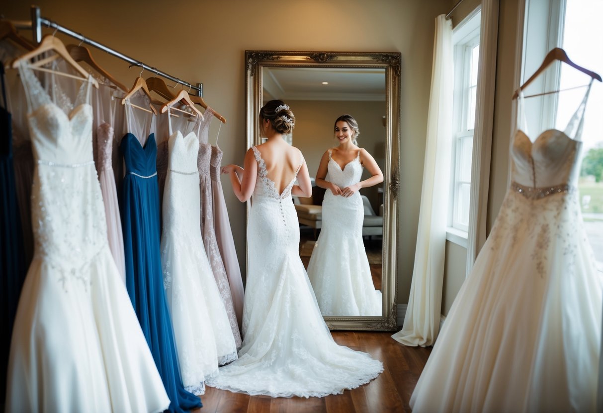 A bride tries on multiple wedding dresses, surrounded by a rack of gowns and a mirror