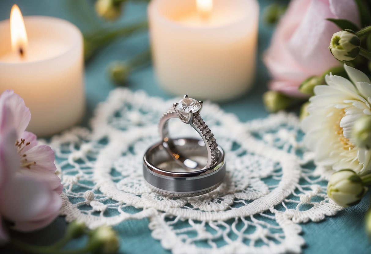 A pair of elegant wedding rings placed on a delicate lace fabric, surrounded by blooming flowers and soft candlelight