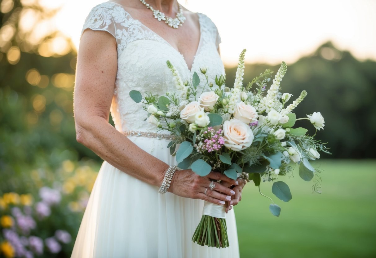 A mother of the bride holds a delicate bouquet of traditional floral accessories