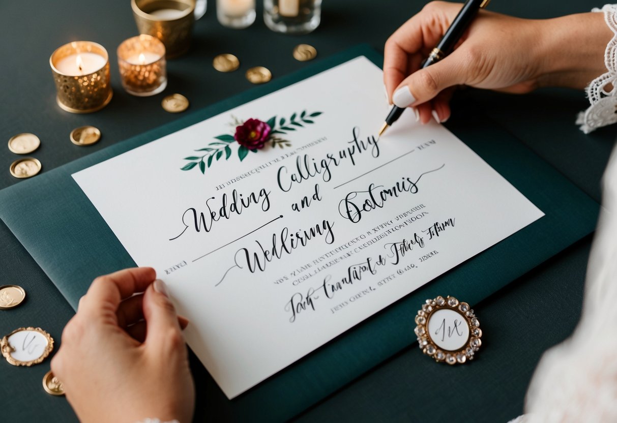 A modern wedding announcement being personalized with handwritten calligraphy and decorative elements