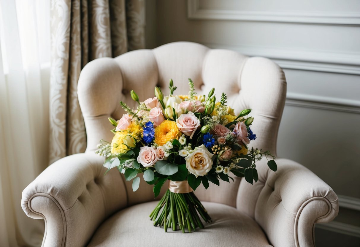 A beautifully arranged bouquet of flowers sits on a plush, upholstered chair, surrounded by elegant fabric and soft lighting