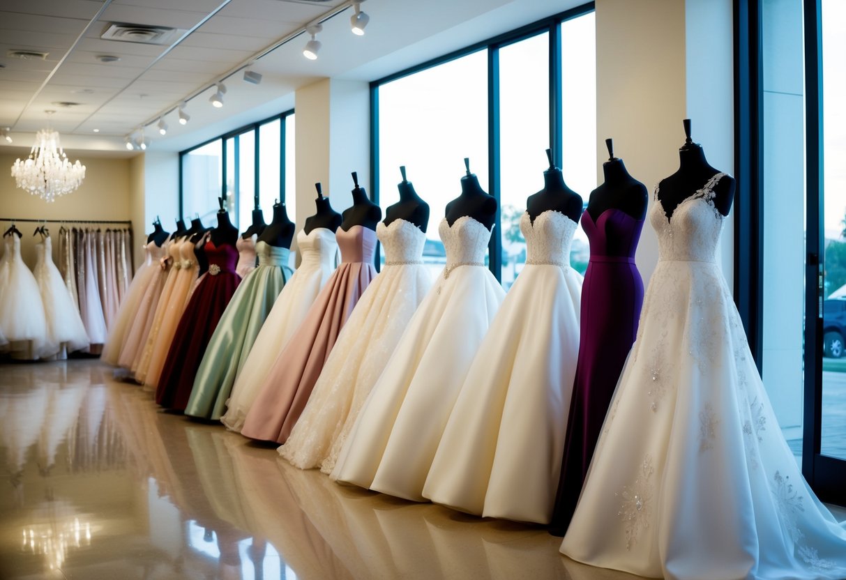 A row of elegant wedding gowns in various styles and colors, displayed on mannequins in a bright and spacious bridal boutique