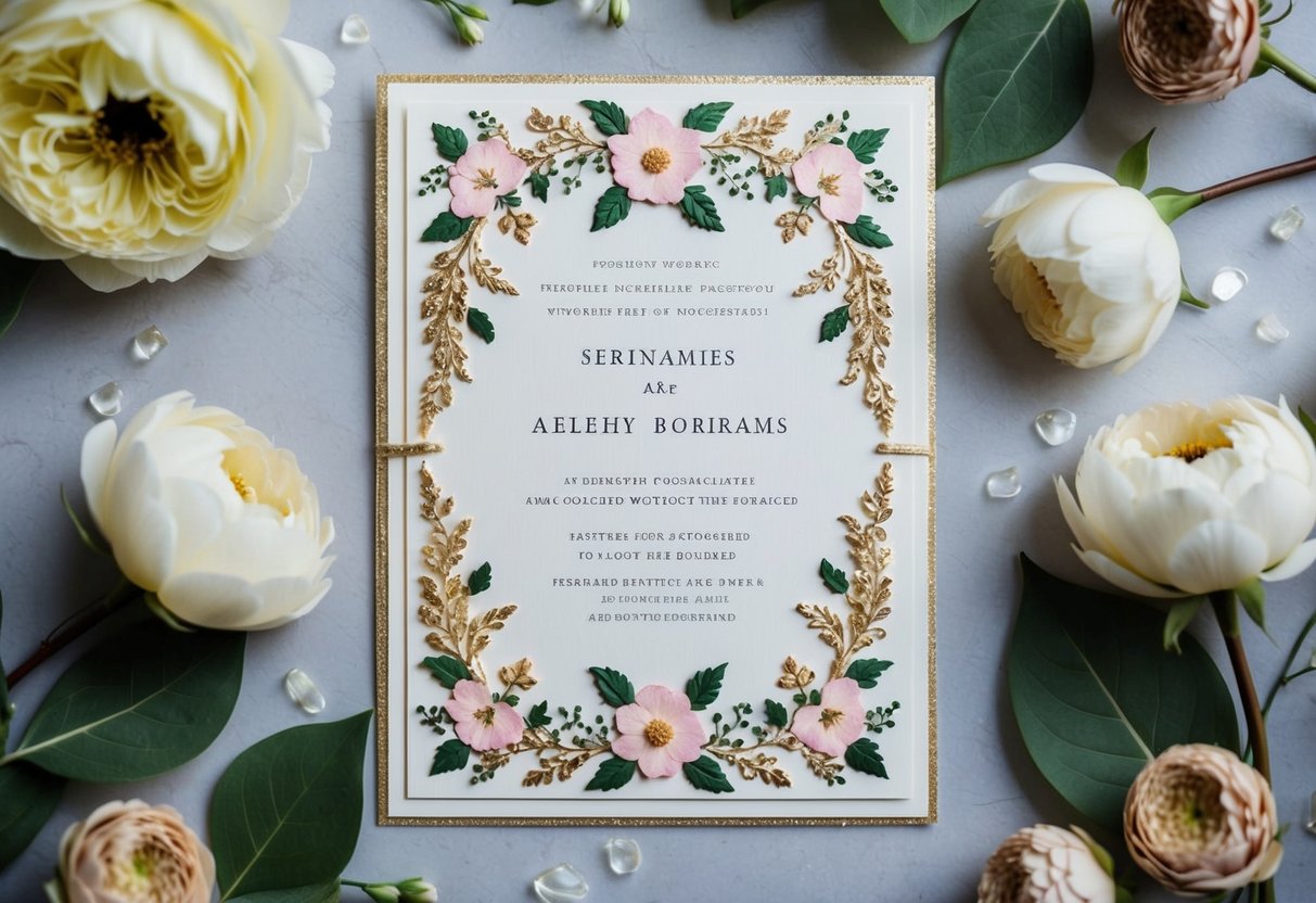 A beautifully decorated wedding invitation with two names centered on the card, surrounded by elegant floral designs and ornate borders