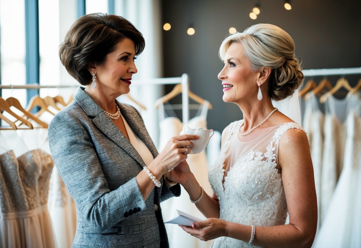 The mother of the bride wears a stylish outfit while wedding dress shopping, offering support and advice to her daughter