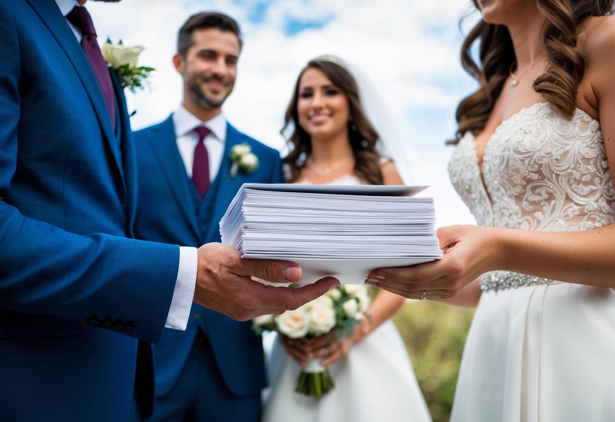 A bride and groom’s hands hold a stack of wedding announcements, with a smiling couple in the background
