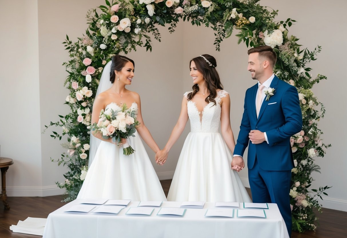 A bride and groom holding hands, standing in front of a floral arch, with a table displaying wedding announcement cards and envelopes