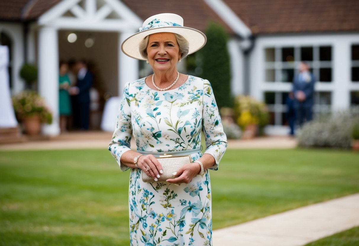 A 65-year-old woman wearing a knee-length floral dress and a matching hat, holding a small clutch purse, standing in front of a wedding venue