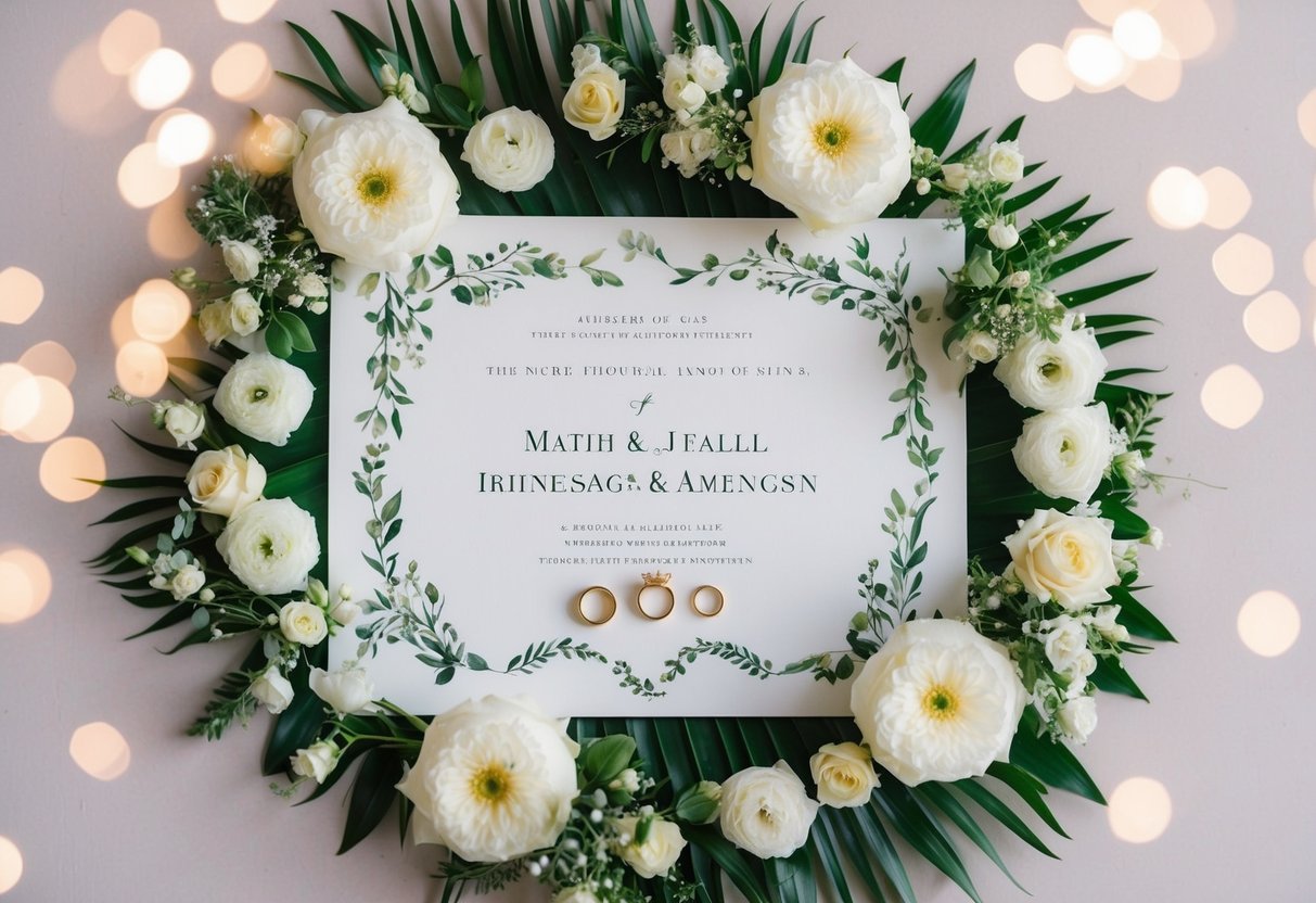 A beautifully designed wedding announcement surrounded by elegant floral arrangements and a pair of wedding rings