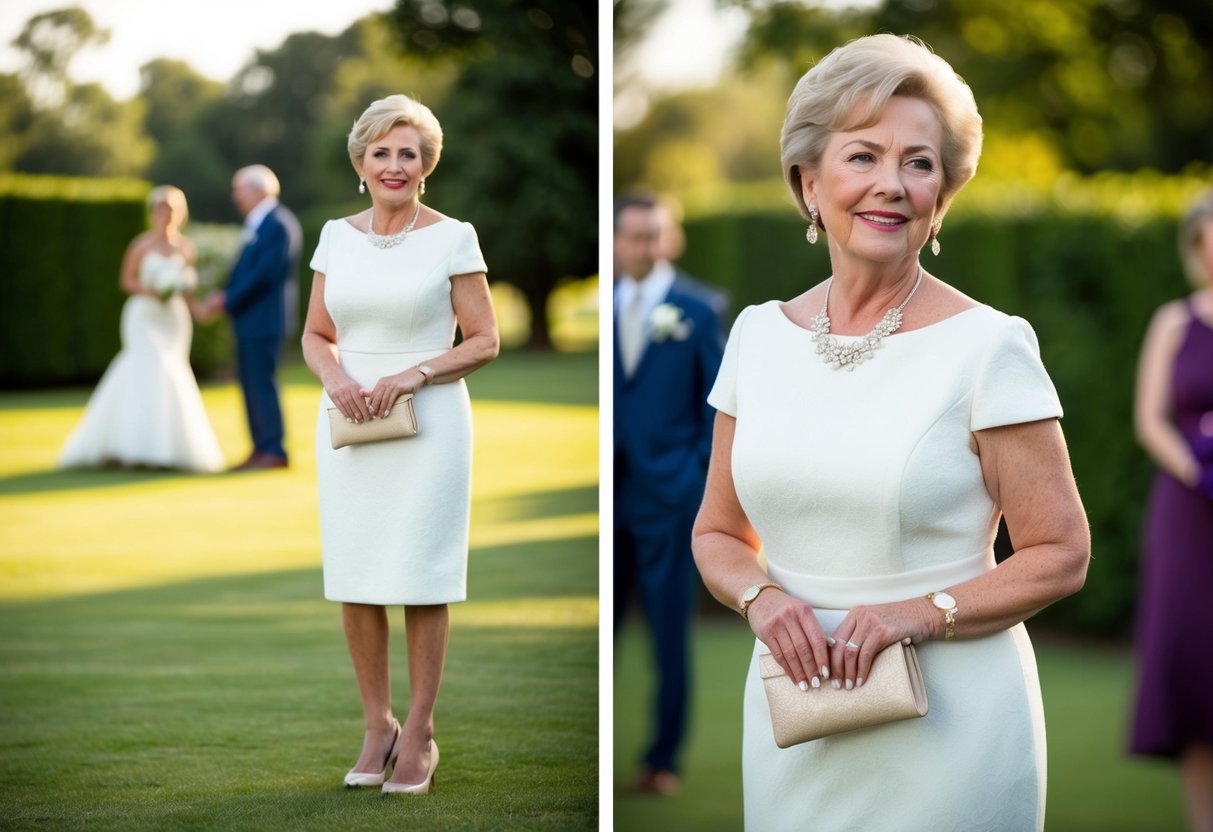 A 65-year-old woman wearing a classy knee-length dress, elegant heels, and a matching clutch, with a statement necklace and delicate earrings, ready for a wedding