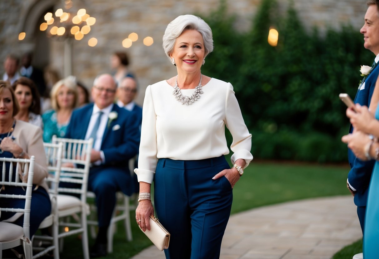 A 65-year-old woman in a chic pantsuit and elegant blouse, accessorized with statement jewelry and a stylish clutch, attending a wedding
