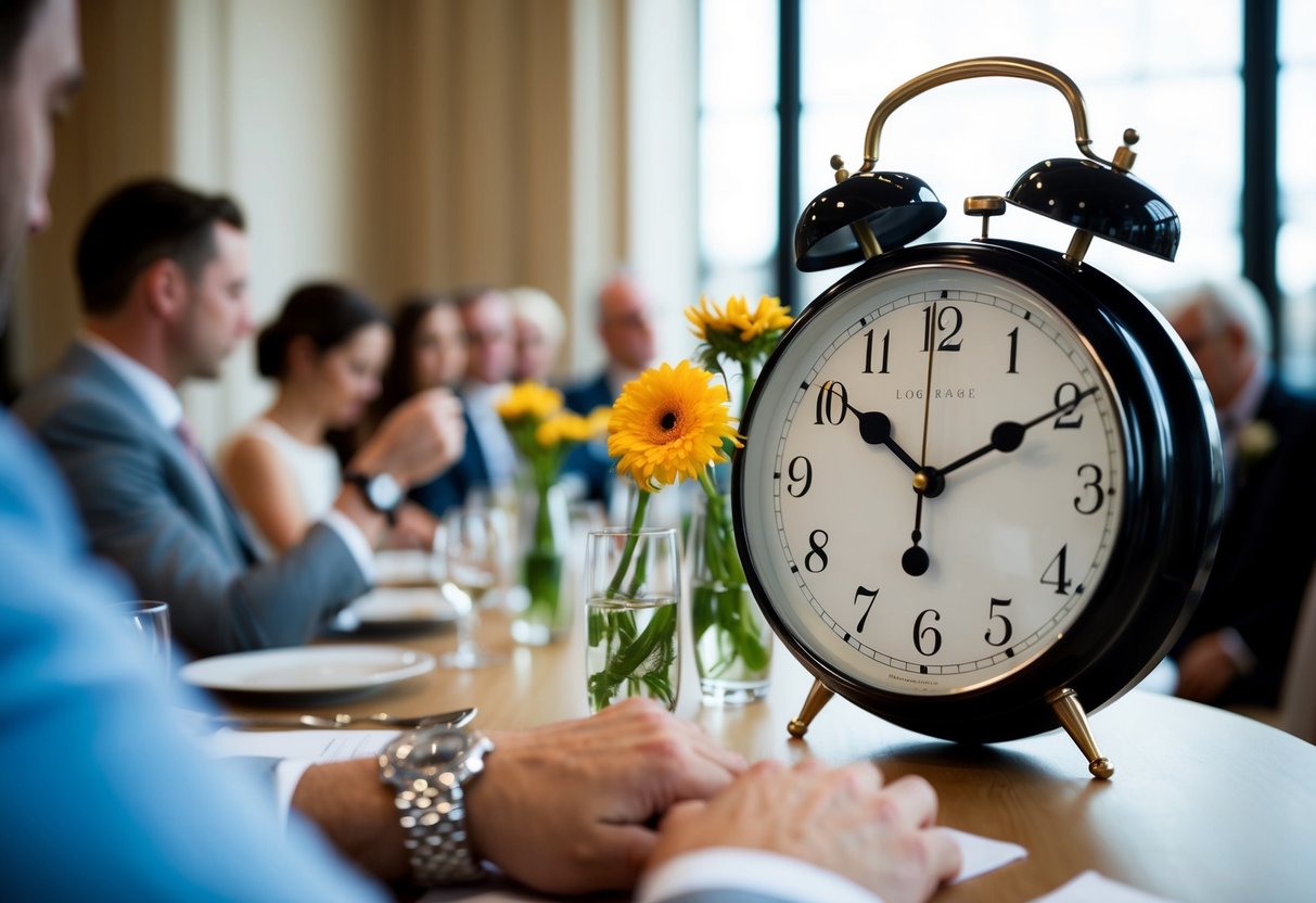 A clock with hands pointing past the hour, flowers wilting, guests checking their watches