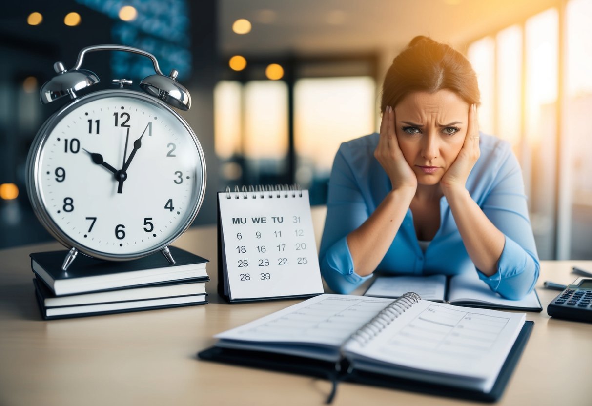 A clock with hands pointing to different times, a calendar with dates crossed out, and a stressed-out planner with a furrowed brow