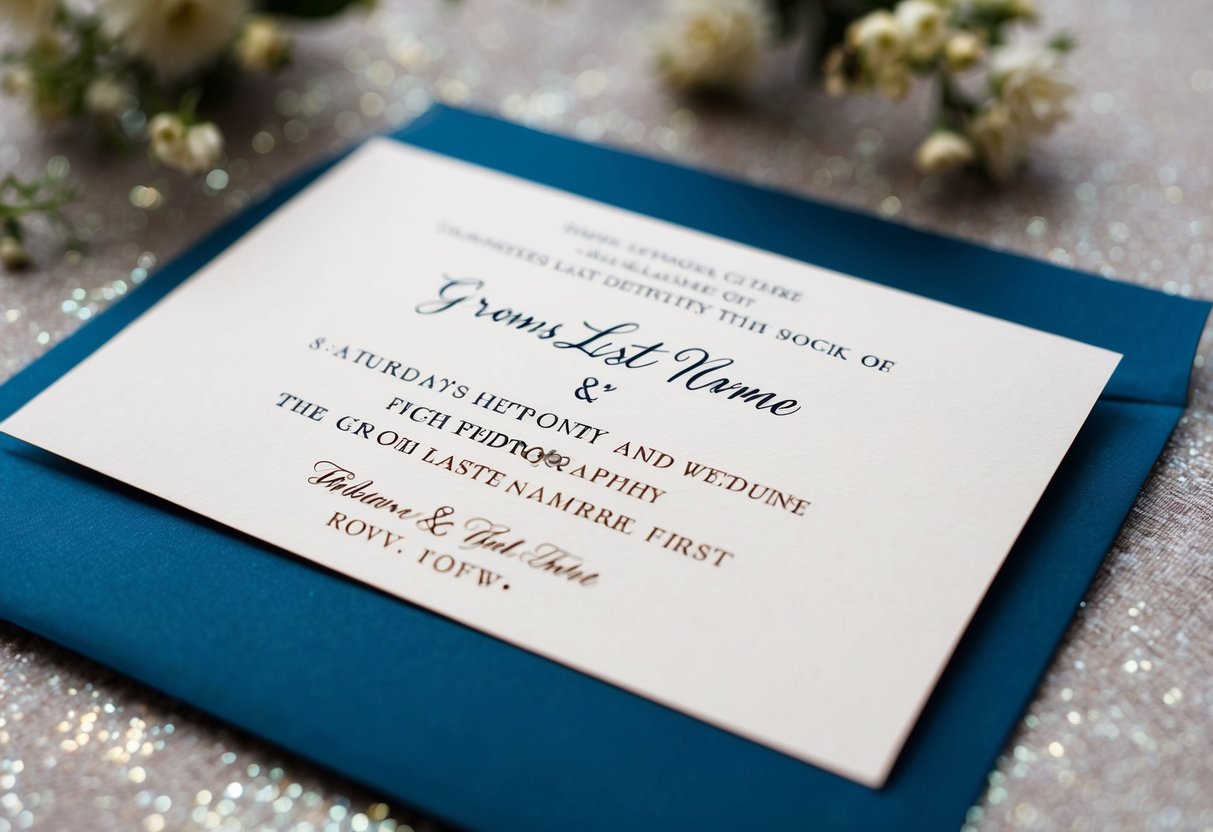 A wedding invitation with the groom's last name listed first