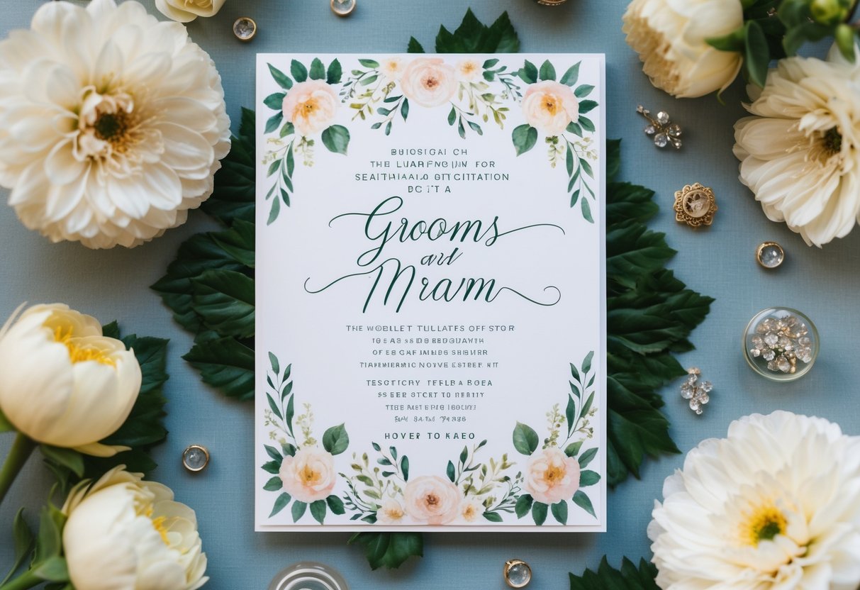 A beautifully decorated wedding invitation with the groom's last name placed first, surrounded by elegant floral designs and delicate calligraphy