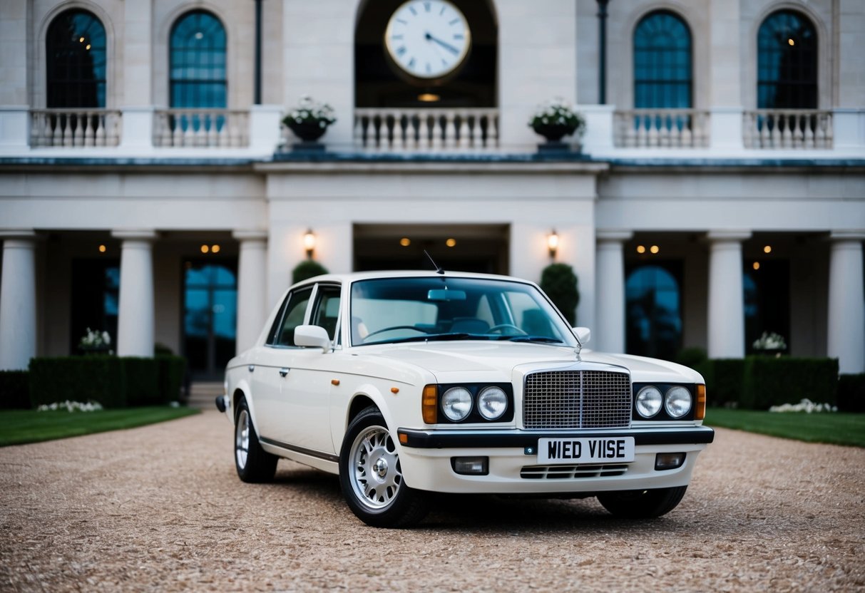 A bride's car parked outside a grand venue, with a clock on the building showing the time as just a few minutes before the scheduled ceremony