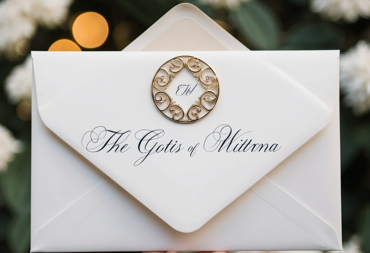 A formal envelope with the last name of the couple prominently displayed in elegant calligraphy
