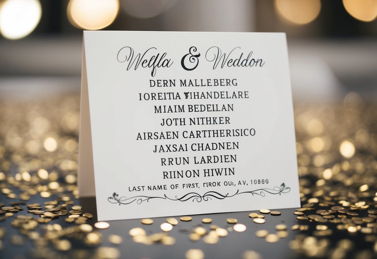 A wedding announcement with names listed in traditional order, last name first, displayed on a decorative card