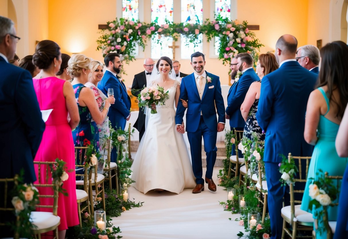A colorful wedding scene with guests in formal attire, a bride and groom at the altar, and a celebratory atmosphere