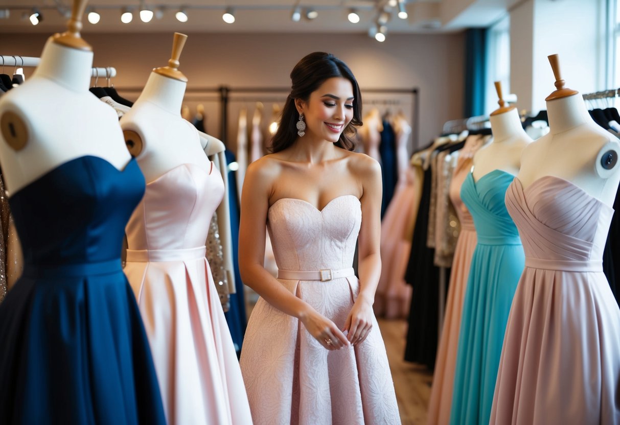 A woman browsing through elegant strapless dresses in a boutique, surrounded by mannequins and racks of clothing