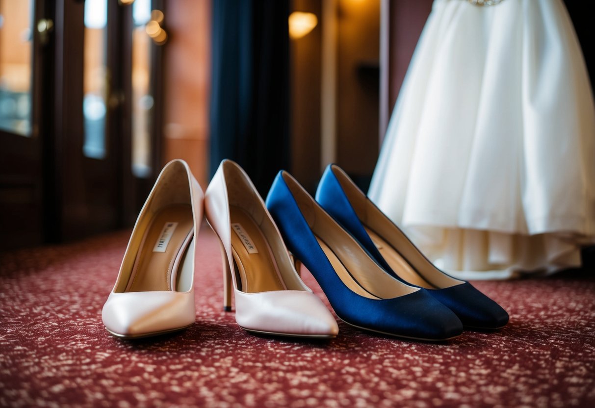 A pair of elegant high heels and a comfortable pair of flats placed next to each other on a plush carpet, with a strapless dress hanging on a nearby hanger
