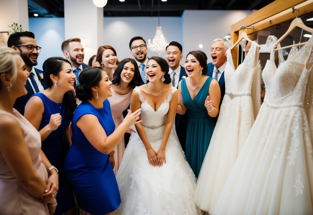 A group of excited friends and family surround the bride, eagerly admiring the beautiful wedding dresses on display.
