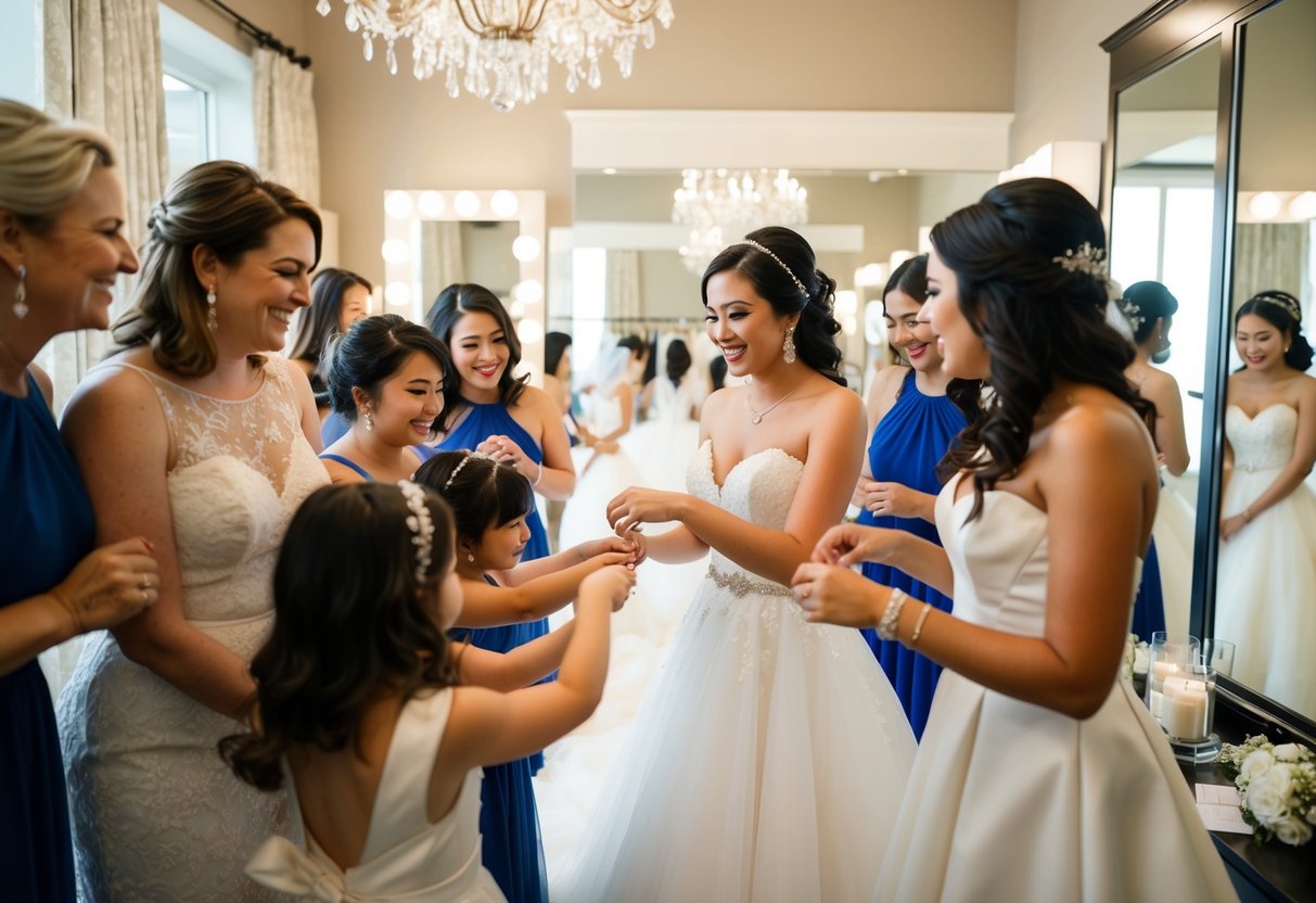 A bride trying on wedding dresses in a boutique with close friends and family.