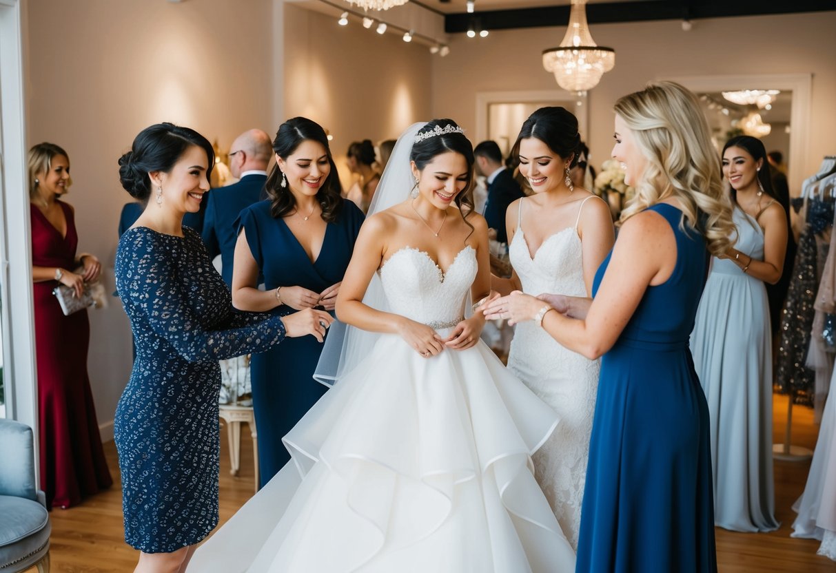 A bride trying on wedding dresses in a chic boutique with friends and family.