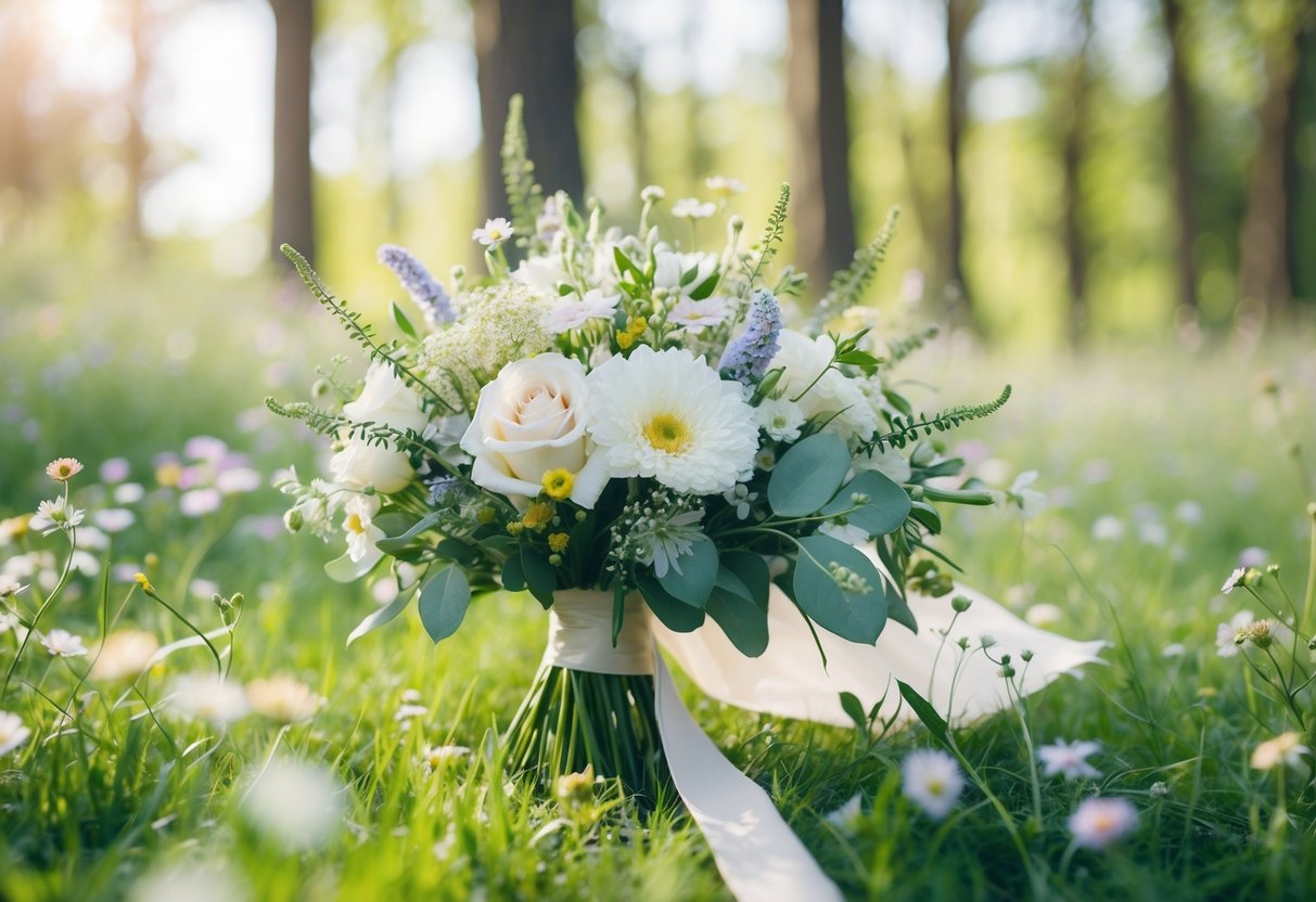 A bride's bouquet surrounded by delicate wildflowers and a soft, ethereal light filtering through the trees