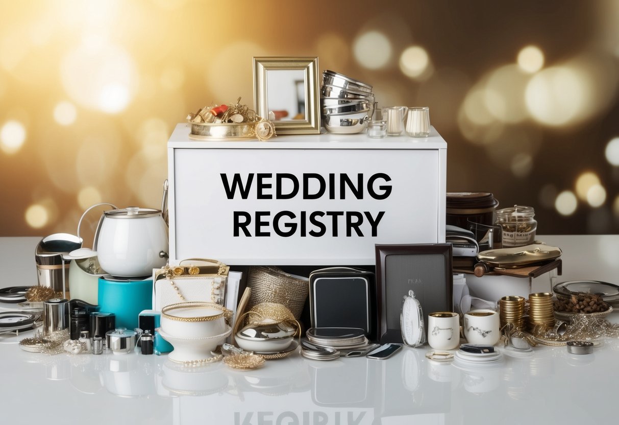 A cluttered wedding registry with mismatched items and duplicates