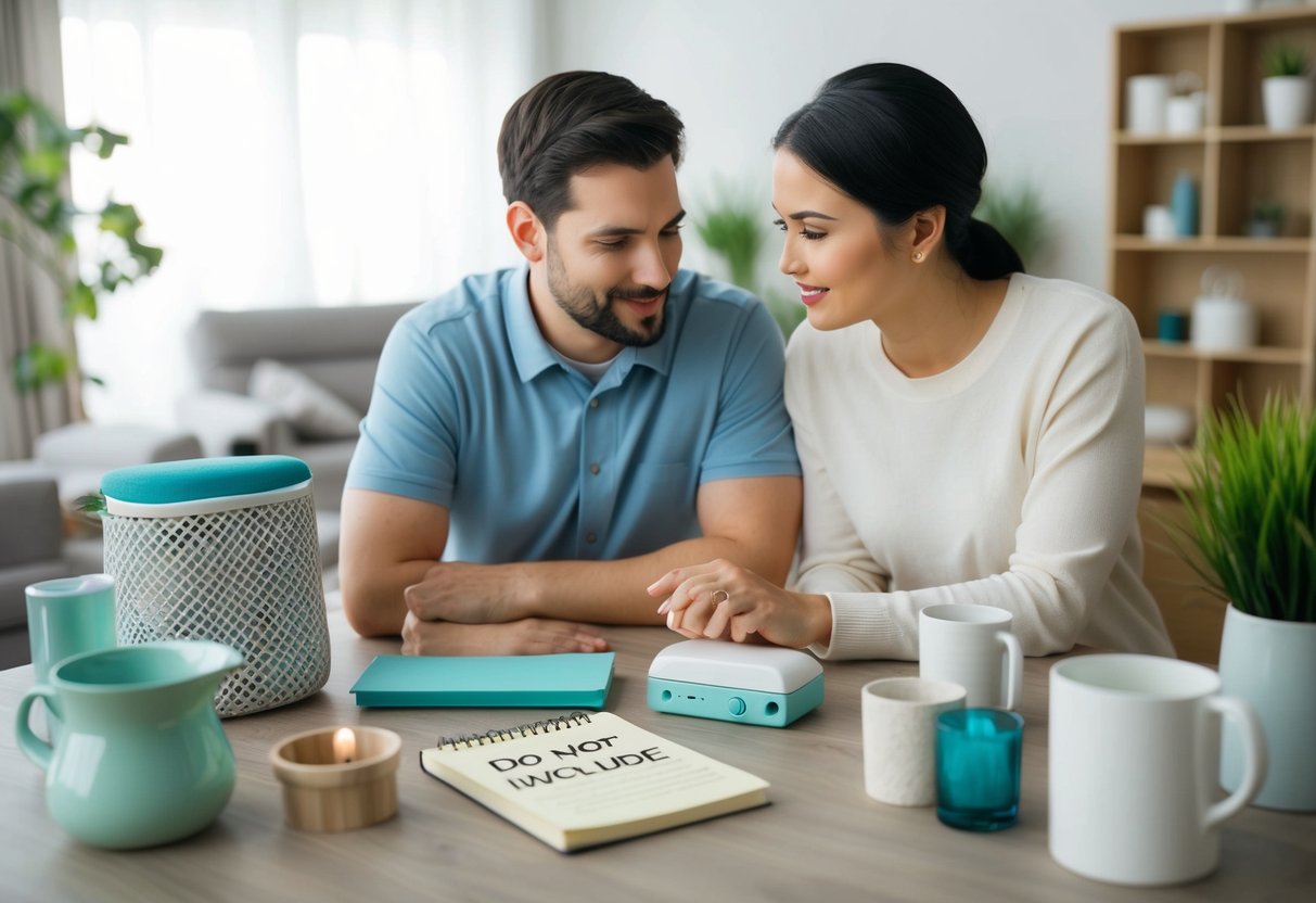 A couple discussing items to exclude from their wedding registry, surrounded by household items and a notepad with a "Do Not Include" list