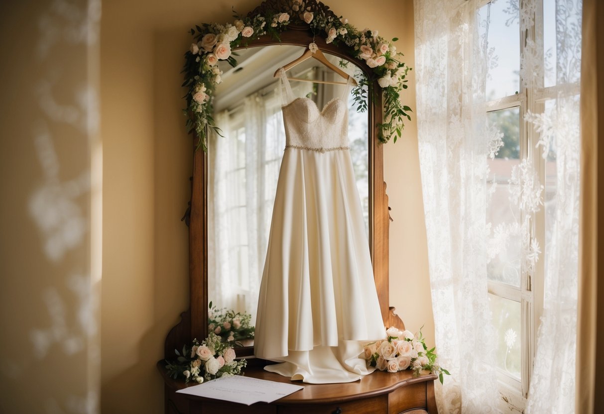 A bride's dress hangs on a vintage mirror, surrounded by delicate flowers and a handwritten note. Sunlight streams through lace curtains, casting a warm glow on the intimate scene