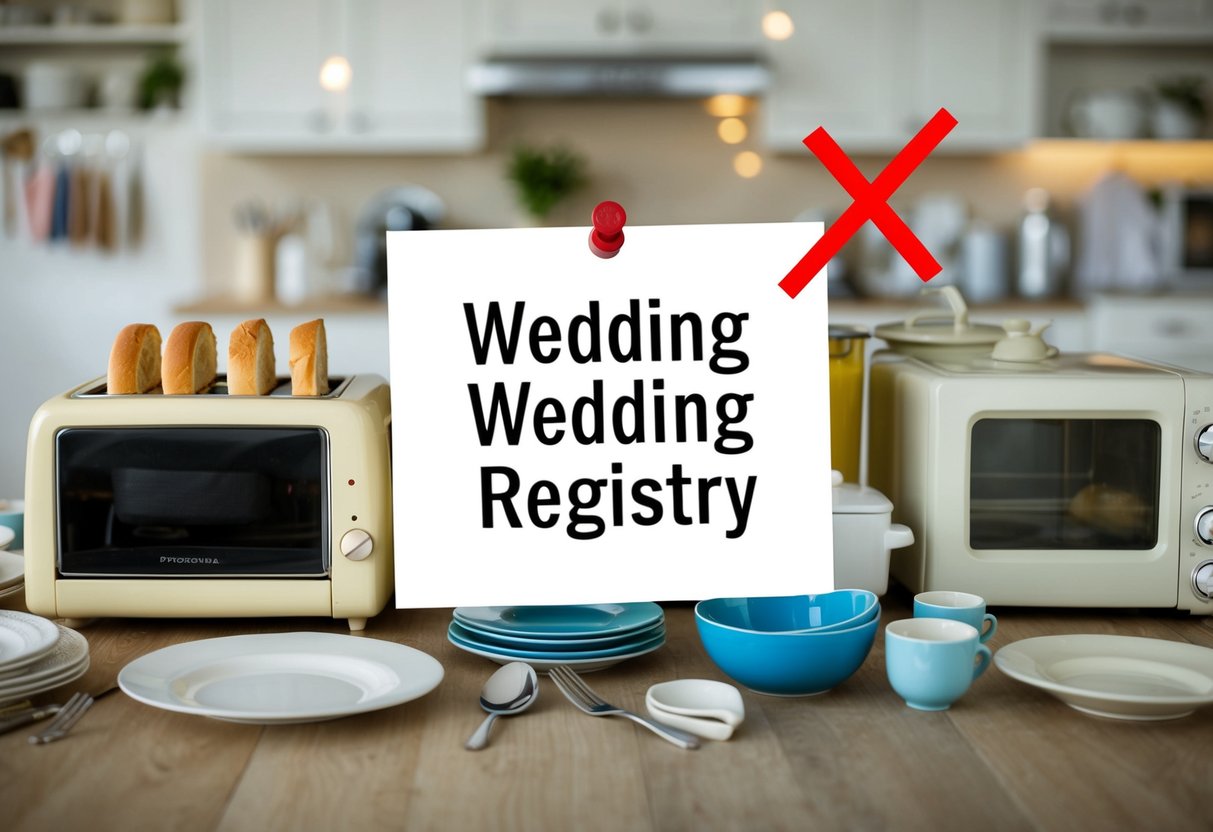 A wedding registry with items like a broken toaster, mismatched dishes, and outdated appliances, surrounded by a red "X" mark