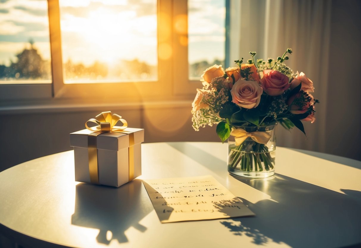 A table set with a bouquet of flowers, a handwritten love note, and a gift box. Sunlight streaming through a window, casting a warm glow