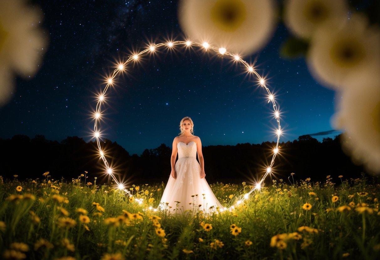 A bride surrounded by a circle of twinkling lights, standing in a field of wildflowers under a starry night sky
