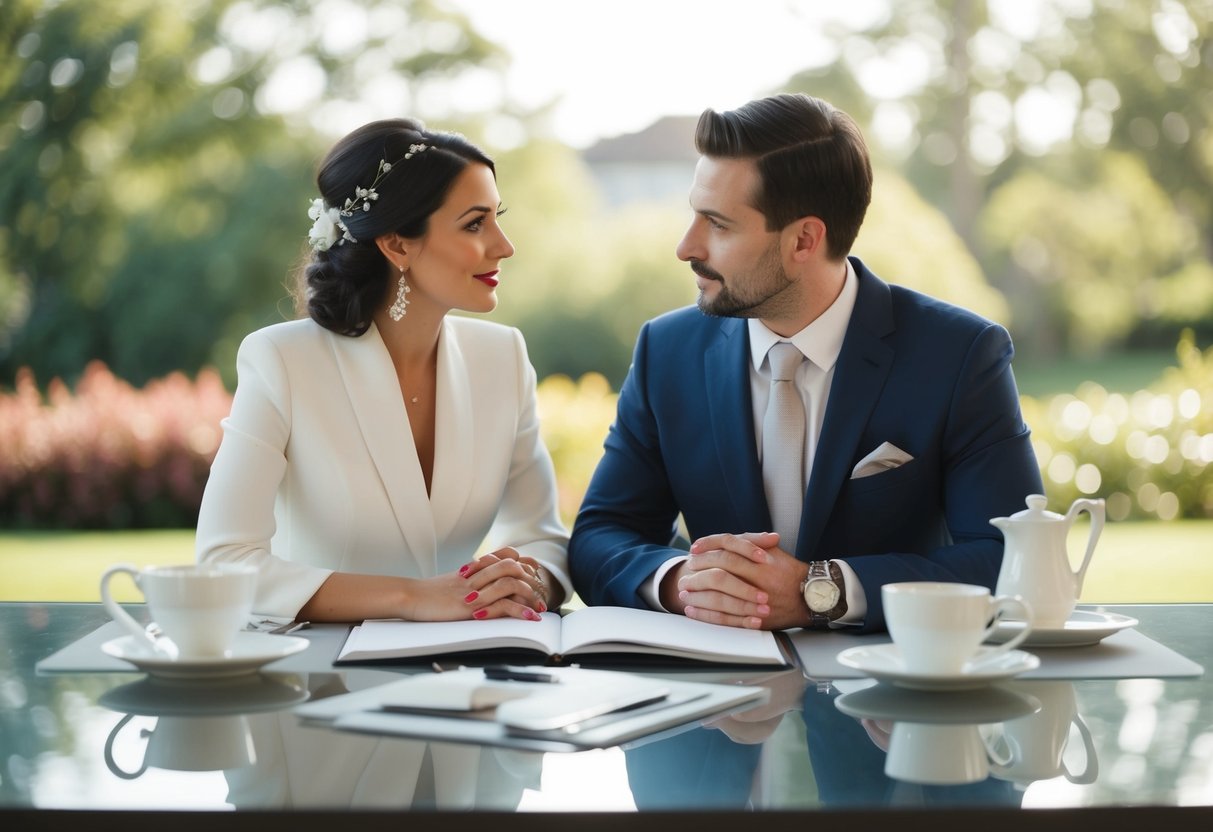 A couple discussing items to avoid on their wedding registry