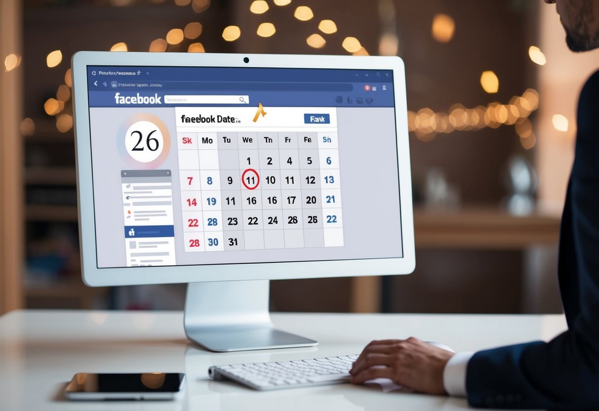 A computer screen with a Facebook homepage open, showing a calendar with the wedding date circled and a cursor hovering over the "post" button