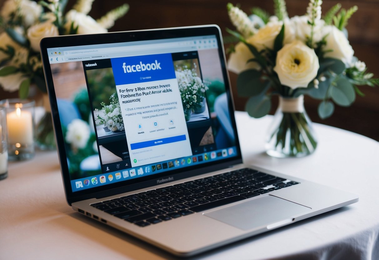 A laptop open on a table, with a Facebook page showing a wedding date announcement. Flowers and wedding decor in the background