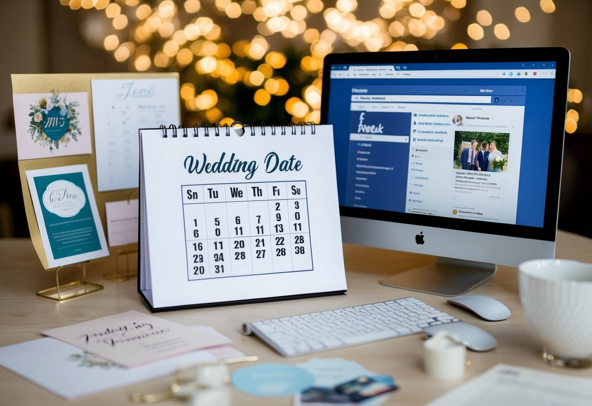 A calendar with a wedding date circled, surrounded by various invitation designs and a computer with a Facebook page open