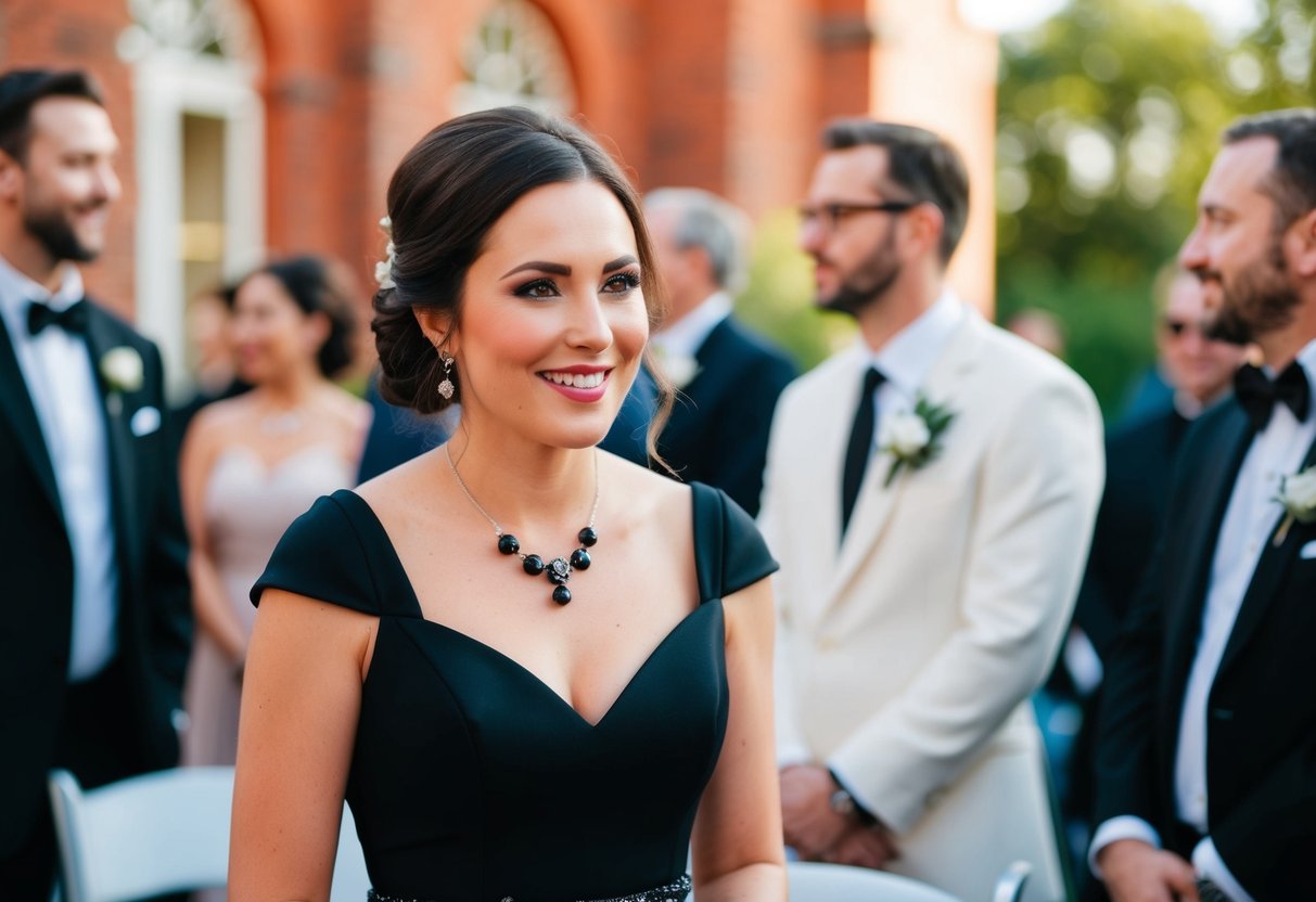 A guest wearing a black dress to a wedding