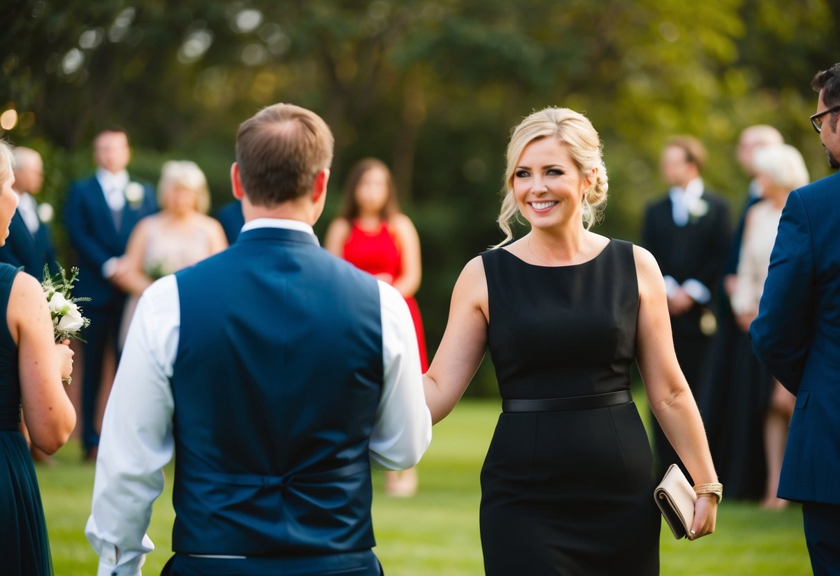 A guest wearing a black dress to a wedding