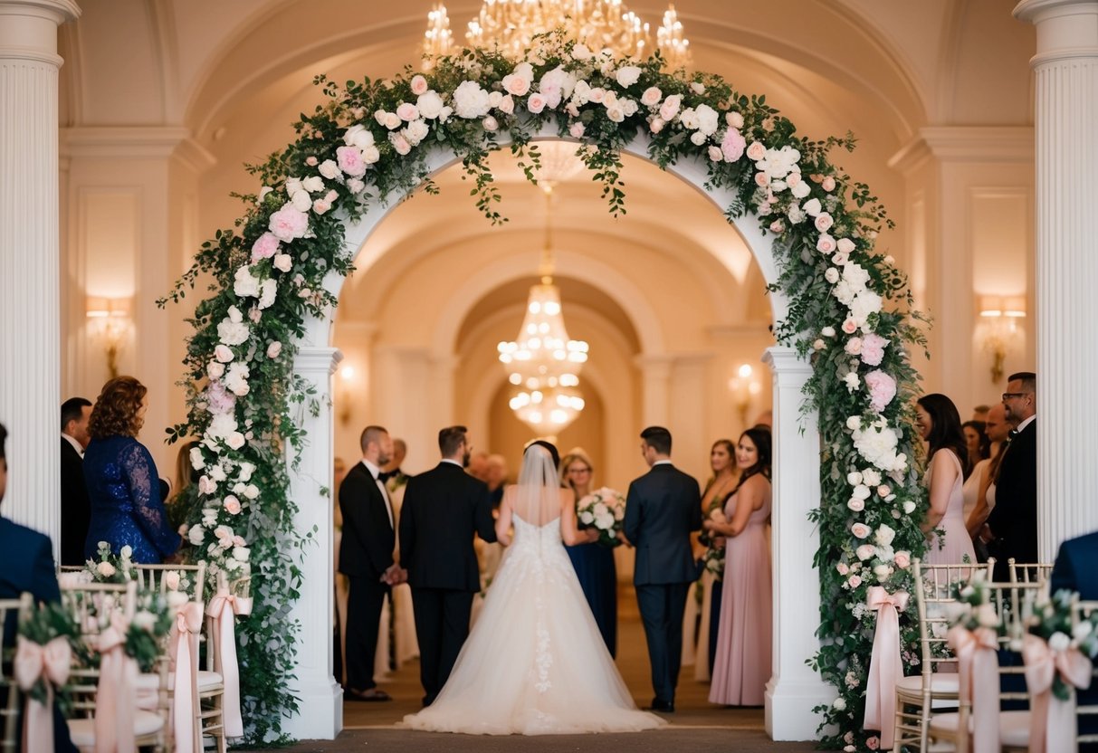 A grand archway adorned with flowers and ribbons welcomes guests to a beautifully decorated venue
