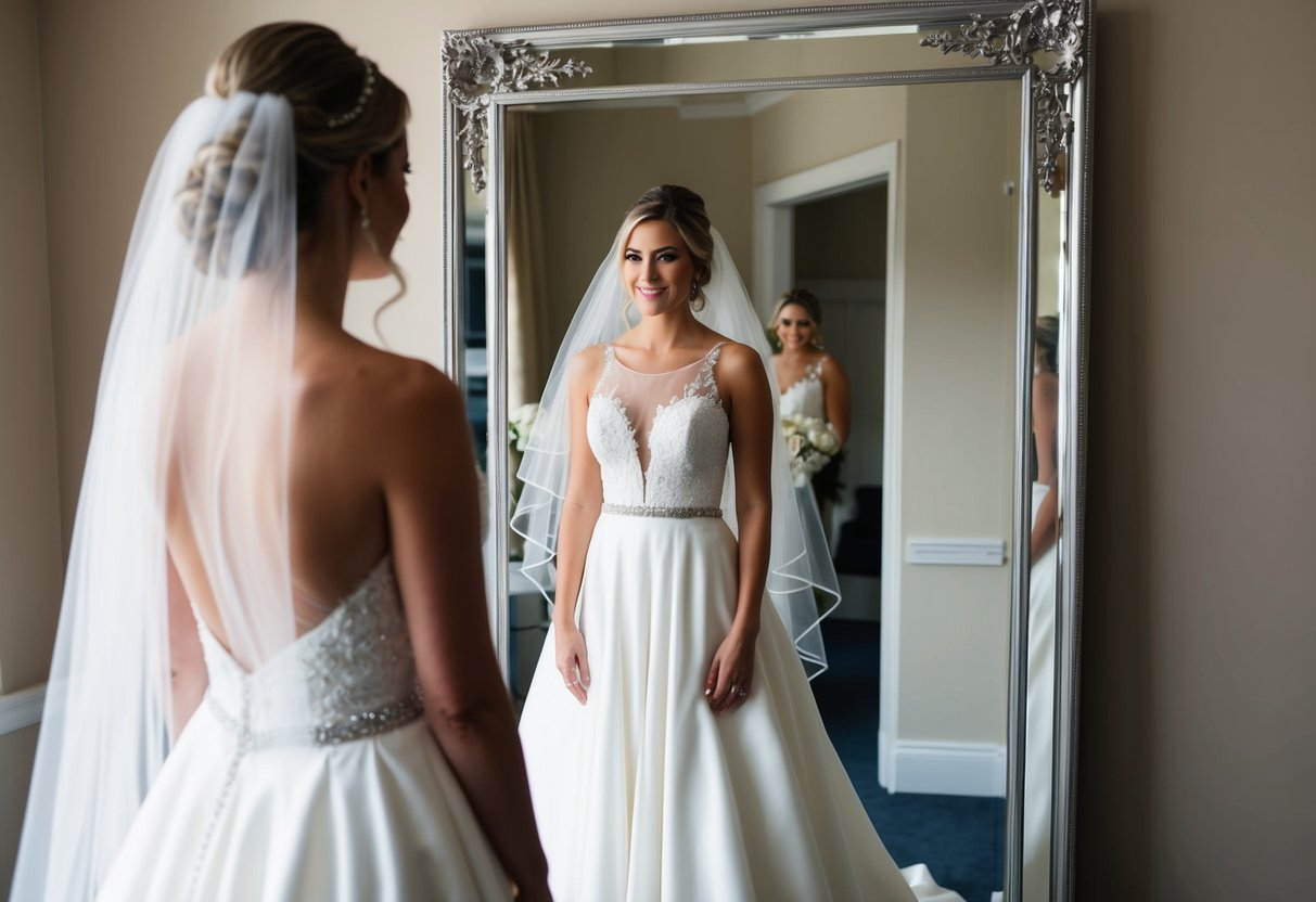 A bride in a flowing wedding dress with a low neckline, standing in front of a mirror and adjusting her veil