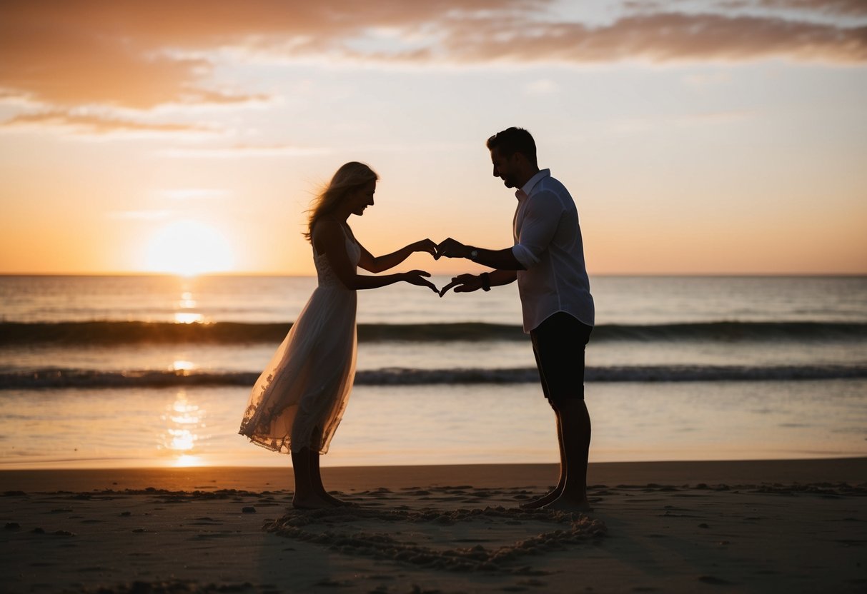 A couple's silhouette framed by a sunset, standing on a beach with a heart drawn in the sand