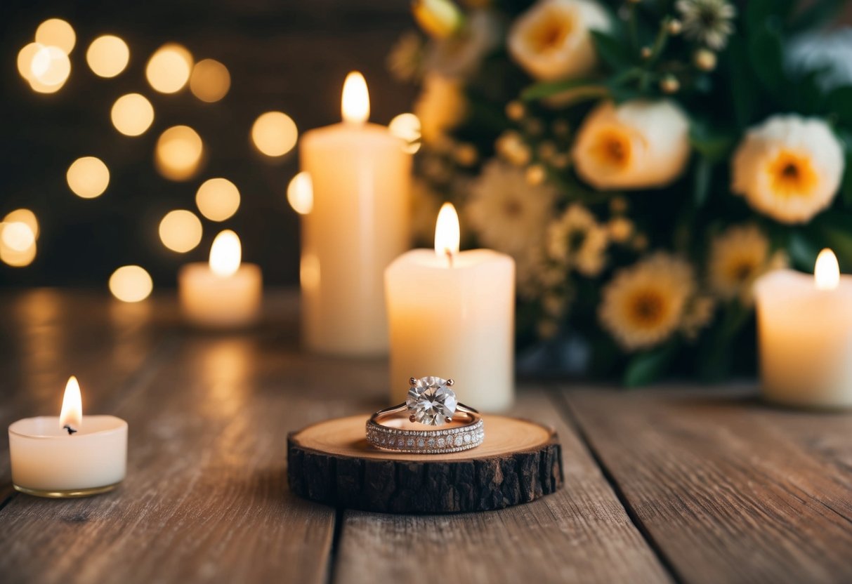 A wedding ring placed on a wooden table, surrounded by soft candlelight and a bouquet of flowers