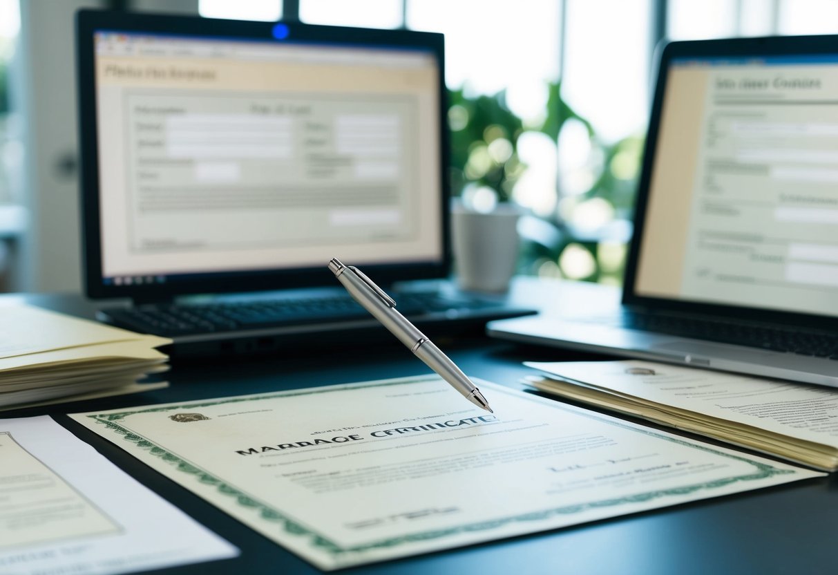 A pen poised over a blank marriage certificate, surrounded by official documents and a computer screen displaying a form