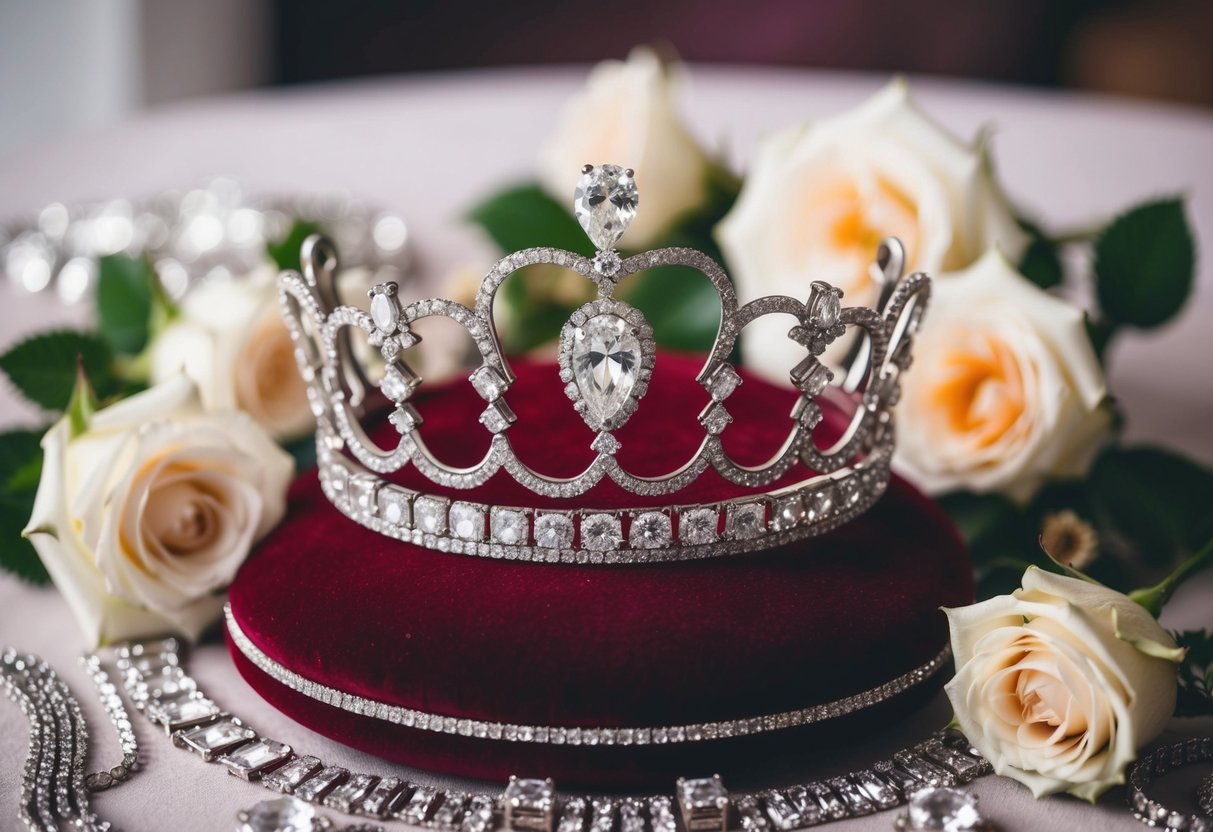 A regal diamond tiara rests on a velvet cushion, surrounded by delicate white roses and shimmering diamonds