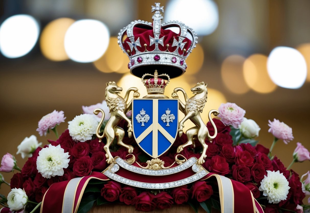 A regal crest surrounded by ornate flowers and ribbons, with a diamond-studded crown perched on top