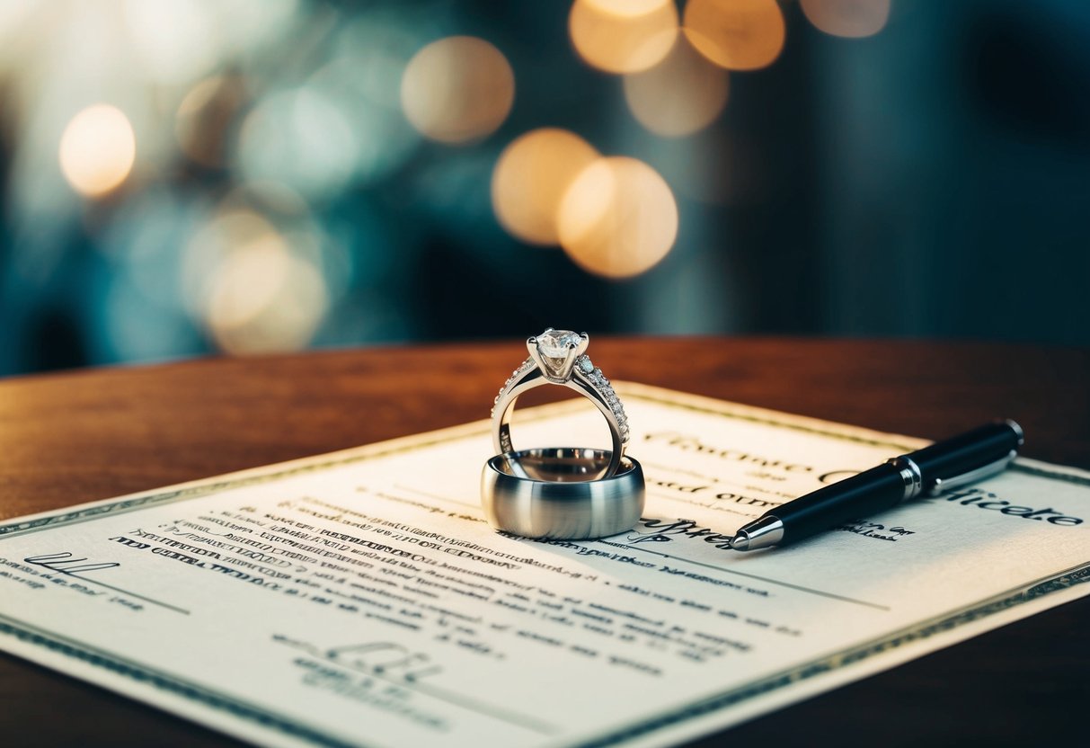 A wedding ring placed on a marriage certificate, with a pen nearby