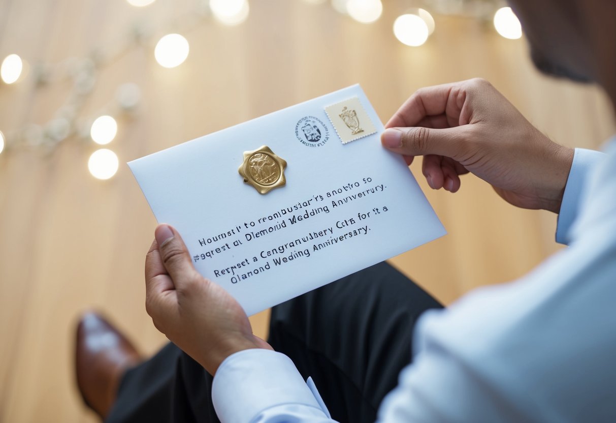 A person mailing a letter with a royal seal to request a congratulatory card for a diamond wedding anniversary